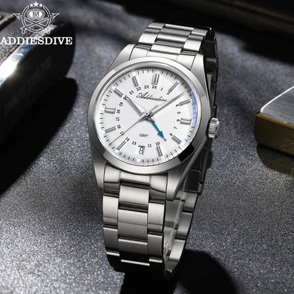 ADDIESDIVE 36mm Stainless Steel GMT Quartz Watch Bubble Mirror Pot Cover Glass 10ATM Dive Luminous Simple Watches For Men