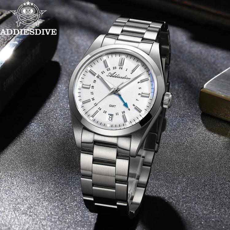 ADDIESDIVE 36mm Stainless Steel GMT Quartz Watch Bubble Mirror Pot Cover Glass 10ATM Dive Luminous Simple Watches For Men