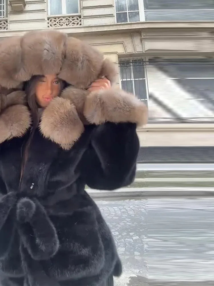 Hoody Faux Fur Furry Coats Women Fashion Belt Long Sleeve Pocket Thicken Warm Jacket 2026 Autumn Winter Urban Lady Streetwears
