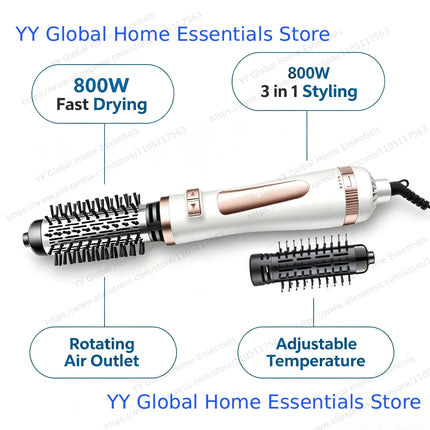 Household Multifunctional Rotating Hot‑Air Styler, Interchangeable Hair Dryer Brush, 800W Hair Volumizer Straightening & Curling Tool for Daily Hairstyle Making