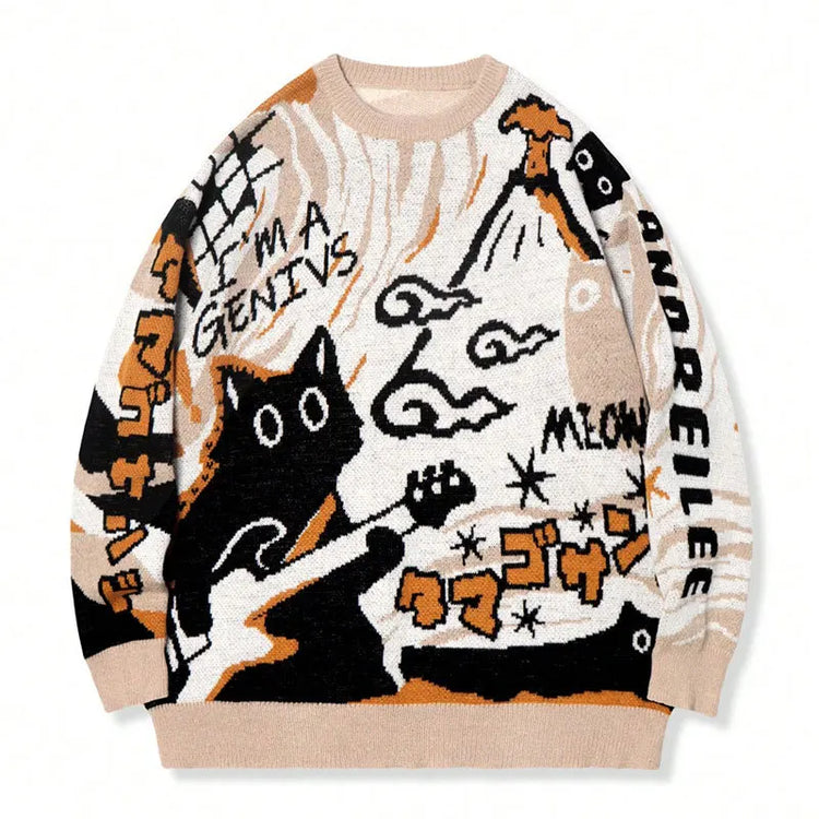 2026 Spring/Summer Men's and Women's Retro Cartoon Pattern Knitted Sweater - Loose and Comfortable Long-Sleeved Knitted Sweater