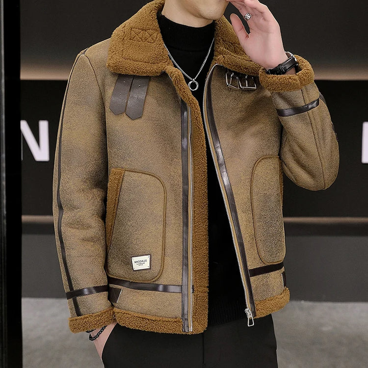High-quality Faux Fur Leather Jackets Men Splicing Pockets Trend Casual Motorcycle Bike Jacket Winter Thick Warm Coat Streetwear