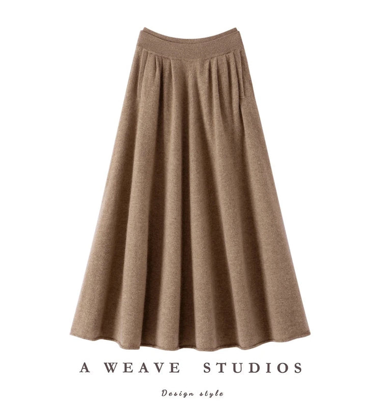 Women's 100% Pure Cashmere Knit Skirt New Elastic Waist Big Swing Skirts Fashion High-End Thick Umbrella Skirt Cashmere Dress PlatiNum