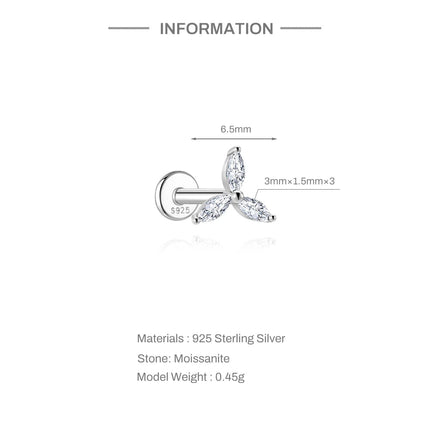 Aide S925 Sterling Silver Moissanite Silver Color Srud Earrings Women Heart Leaf Geometric DIY Ear Bone Sruds Piercing Jewelry PlatiNum