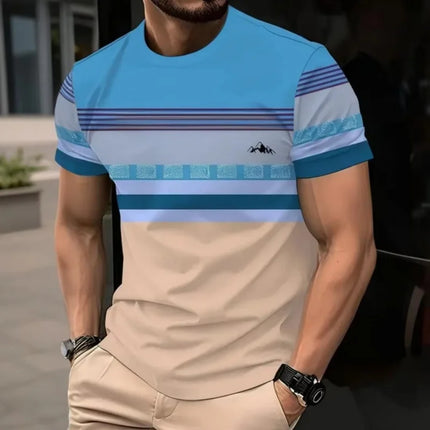 T-shirt con giunture geometriche stampate in 3D per uomo T-shirt con motivo a strisce colorate T-shirt casual estive con o-collo maniche corte larghe