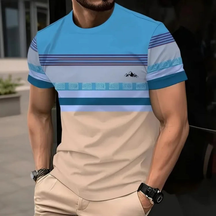 T-shirt con giunture geometriche stampate in 3D per uomo T-shirt con motivo a strisce colorate T-shirt casual estive con o-collo maniche corte larghe