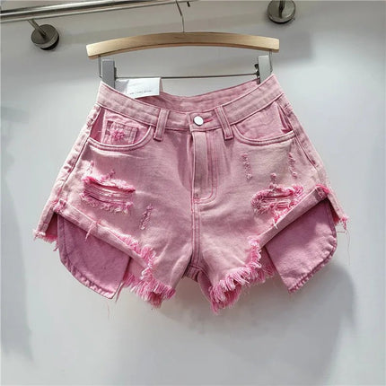 Pantaloncini di jeans con foro rosa delle nuove donne estive 2026 a vita alta che dimagriscono pantaloncini con bordo sfilacciato a trapezio per ragazza piccante - platinumshop