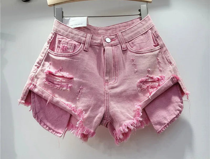 Pantaloncini di jeans con foro rosa delle nuove donne estive 2026 a vita alta che dimagriscono pantaloncini con bordo sfilacciato a trapezio per ragazza piccante - platinumshop