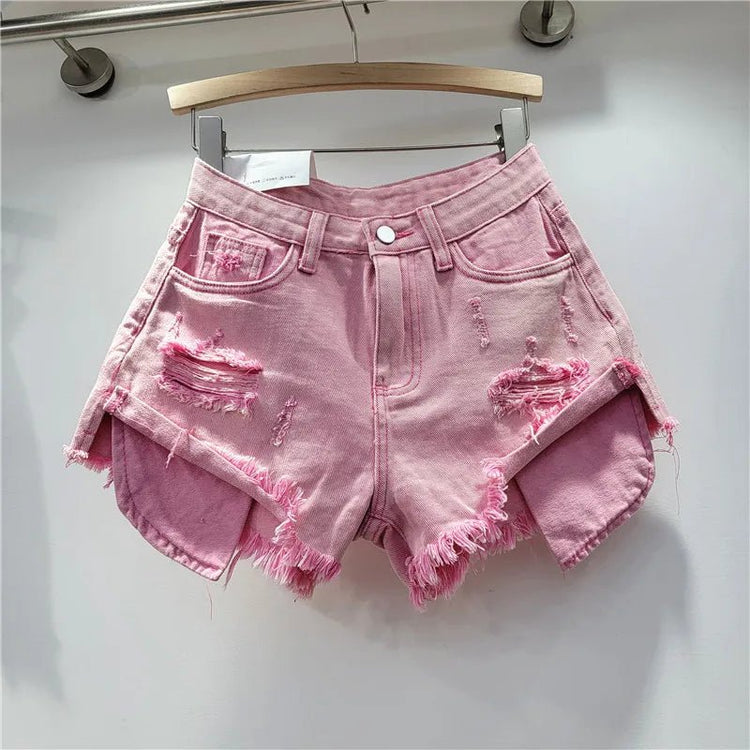 Pantaloncini di jeans con foro rosa delle nuove donne estive 2026 a vita alta che dimagriscono pantaloncini con bordo sfilacciato a trapezio per ragazza piccante - platinumshop