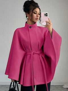 Elegant Stand Collar Tie Waist Cape Design Wool Coat, Coats for Women Spring Summer Outerwear with Chic Overcoat Style