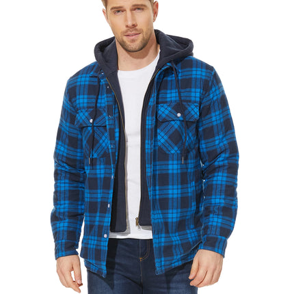 TACVASEN Men's Flannel Shirt Jacket with Removable Hood Plaid Quilted Lined Winter Coats Thick Hoodie Outwear Man Fleece Shirts