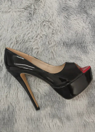 LOSLANDIFEN Women Pumps Sexy Peep Toe Platform 14cm Super High Heels Patent Leather Shoes Red Wedding Stilettos Large Size 44 PlatiNum