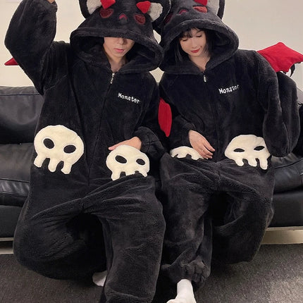 Cartoon Devil Pajamas Couples Women Men Onesie Sleepwear Winter Thicken Hooded Loungewear Coral Fleece Homewear Pijama Disfraz