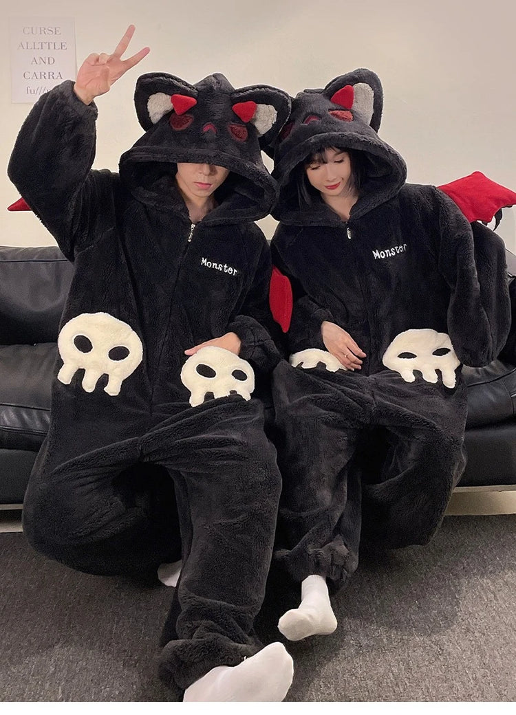 Cartoon Devil Pajamas Couples Women Men Onesie Sleepwear Winter Thicken Hooded Loungewear Coral Fleece Homewear Pijama Disfraz