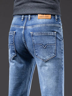 Autumn Men's Business Straight Fit Jeans Vintage Blue Smoke Gray Stretch Trousers Soft Comfortable Fabric Denim Pants Male