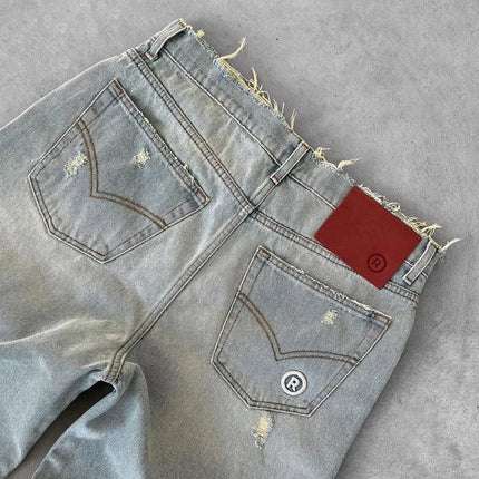 Straight Jeans Distressed Men Jean Ripped Holes Washed Denim Pants Ankle Length Loose Solid Zipper Fly Pockets Casual 2025 PlatiNum