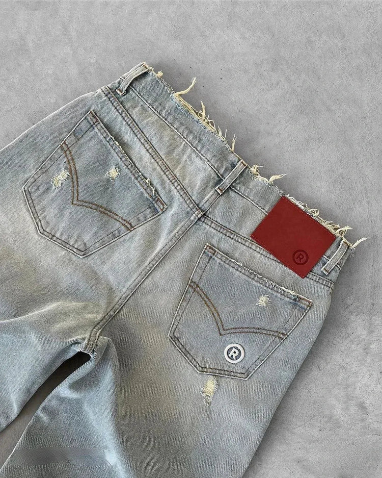 Straight Jeans Distressed Men Jean Ripped Holes Washed Denim Pants Ankle Length Loose Solid Zipper Fly Pockets Casual 2025 PlatiNum