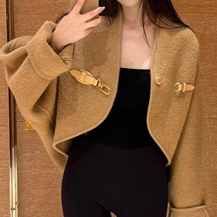 High-end Brown Short Woolen Coat for Women 2026 Autumn New Loose Silhouette Cloak Woolen Coat