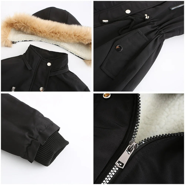 Women's Winter Coat Warm Fleece Lined Parka Detachable Faux Fur Hood Padded Jacket Slim Waist Thick Sherpa Loose Cotton Outwear