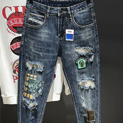 2023 Spring and Autumn New Men's Fashion Trend Ripped Patch Small Foot Pants Men's Casual Slim Comfortable High-Quality Jeans PlatiNum