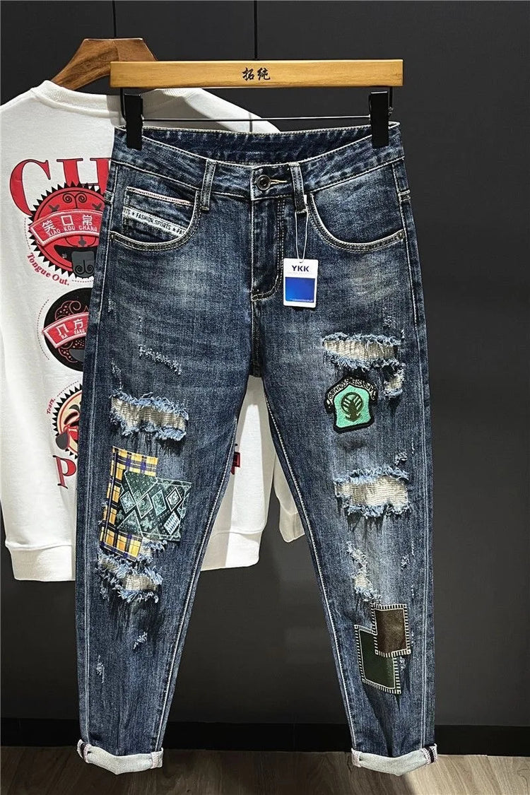 2023 Spring and Autumn New Men's Fashion Trend Ripped Patch Small Foot Pants Men's Casual Slim Comfortable High-Quality Jeans PlatiNum