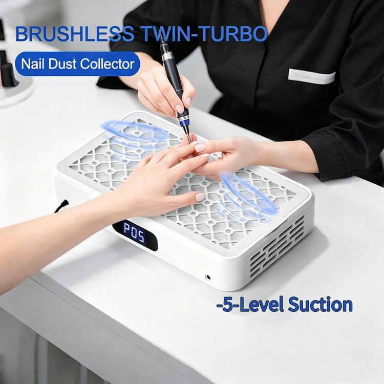 Brushless Nail Dust Collector Dual Turbo Fans Nail Vacuum Cleaner 5-Level Suction Two Hands Nail Dust Extractor Fans for Nail Salon Manicure Table