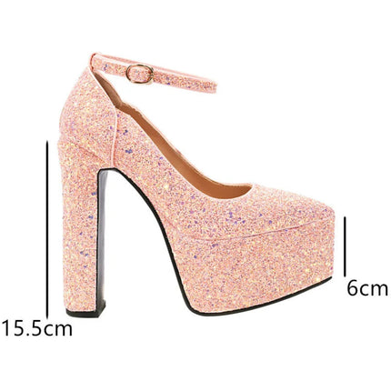 Ochanmeb Bling Bling Silver Gold Glitter Shoes Woman Ultra High Heels Platform Buckle Sequin Red Pumps Ladies Party Prom Wedding PlatiNum