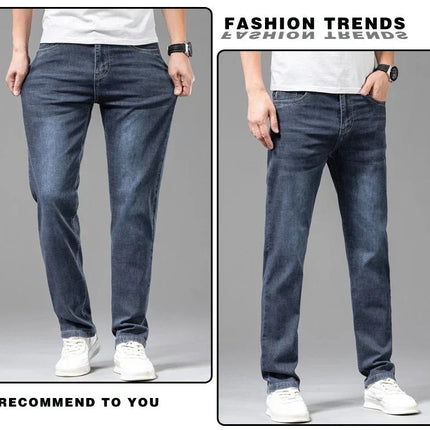 Summer Thin Men's Elastic Cotton Jeans Fashion Gray Comfortable Business Straight Casual Pants Brand Male Clothes Trousers PlatiNum