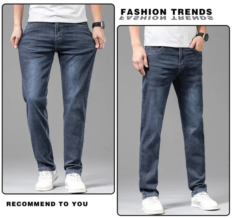 Summer Thin Men's Elastic Cotton Jeans Fashion Gray Comfortable Business Straight Casual Pants Brand Male Clothes Trousers PlatiNum