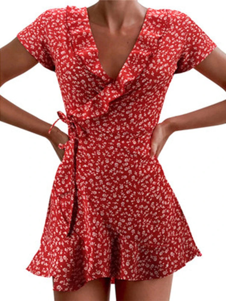 Abito estivo a trapezio Floal da donna Dolce ed elegante con volant floreale con scollo a V Abito co