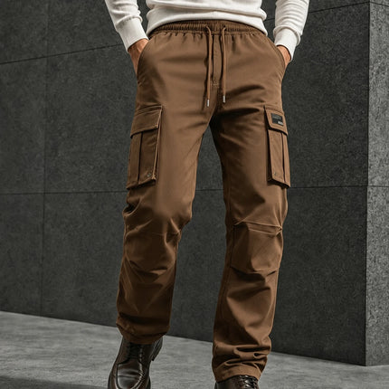 Men's Solid Cargo Pants Multi Pocket Drawstring Waist Straight Leg Casual Workwear Trousers Outdoor Streetwear Pants