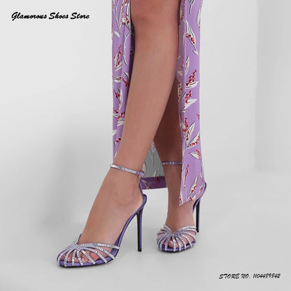 Bling Crystal Caged-toe Satin Sandals Women's Round Toe Thin High Heels Party Shoes Summer Fashion Buckle Strap Daily Stilettos