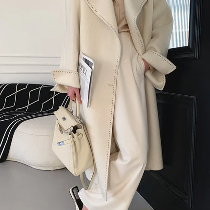 New Solid Korean Style Women Wool Coat Arch Needle Large Neck Versatile Fashion Texture Double Sided Trench Coats Female Winter