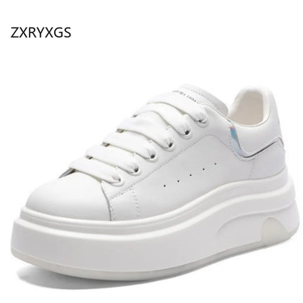ZXRYXGS 2025 Spring Genuine Leather  Breathable Comfortable Shoes Woman New Thick Sole Wedges Increase Casual Sneakers White