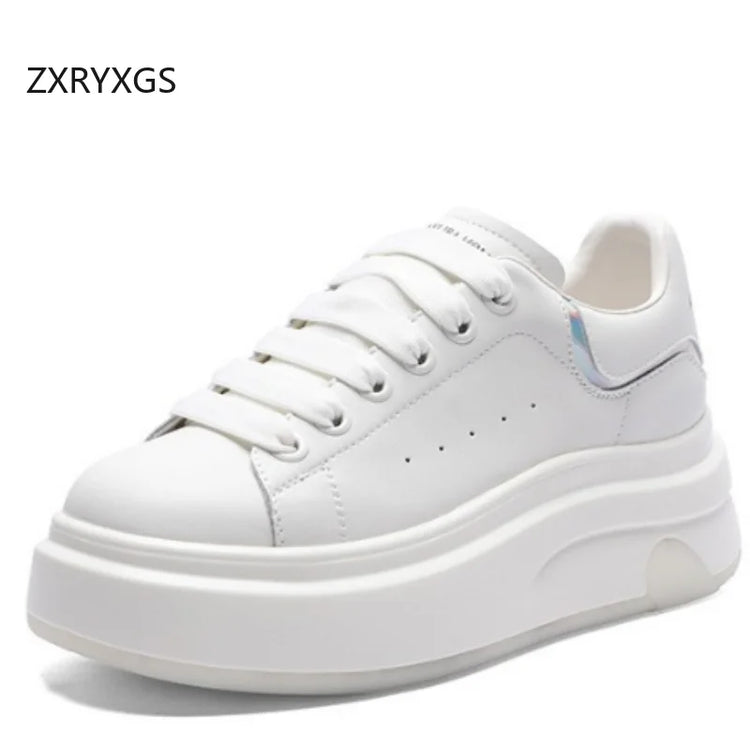 ZXRYXGS 2025 Spring Genuine Leather  Breathable Comfortable Shoes Woman New Thick Sole Wedges Increase Casual Sneakers White