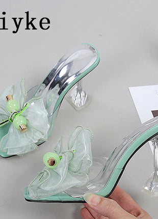 Liyke 2026 Nouvelle Mode 9CM Pantoufles à Talon Transparent Fil Net Rose Nœud Papillon Sandales d'Été Chaussures Transparentes pour Femmes Claquettes Présentations des entreprises productrices de jeux