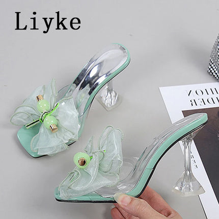 Liyke 2026 Nouvelle Mode 9CM Chaussons à Talon Transparent Filet Rose Nœud Papillon Sandales d'Été Chaussures Transparentes pour Femmes Claquettes Présentations des entreprises de fabrication de jeux