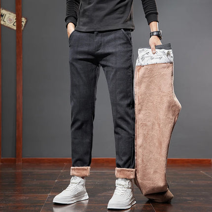 Classic Style Men's Fleece Casual Pants Fashion Striped Plaid Business Straight Slim Casual Pants Black Gray Brand Men Trousers