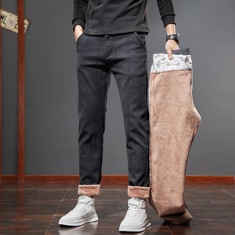 Classic Style Men's Fleece Casual Pants Fashion Striped Plaid Business Straight Slim Casual Pants Black Gray Brand Men Trousers