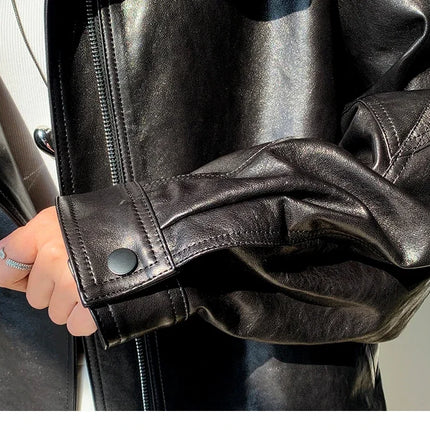 Waxed Sheepskin Genuine Leather Moto Biker Jacket Women Cropped Stand Collar Zip Up Snap Button Loose Casual Autumn Outwear 2026