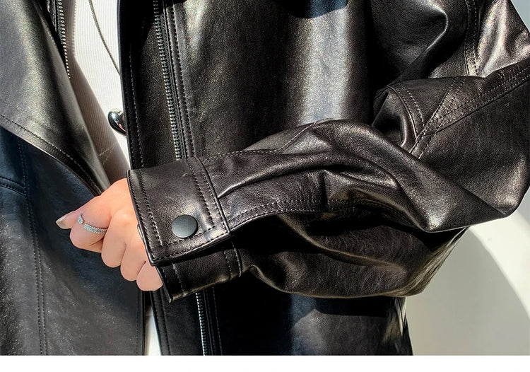 Waxed Sheepskin Genuine Leather Moto Biker Jacket Women Cropped Stand Collar Zip Up Snap Button Loose Casual Autumn Outwear 2026