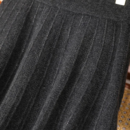Women's Wool Skirts A-Line Pleated Cashmere Skirt Autumn Winter Elastic Waist 100% Merino Wool Knitted Bright Silk Style Dress PlatiNum