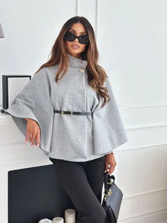 Women Single Buckle Batwing Sleeve Coat Autumn Winter Elegant Lady Tweed Waist Cinching Poncho Trend Thick Warm Loose Outwear