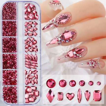 12 Grids Mixed Size Nail Rhinestones SS6 to SS30 Shiny Clear Gold Pink Blue Flat Back Glass Gems for DIY Nail Art Manicure Decoration Supply
