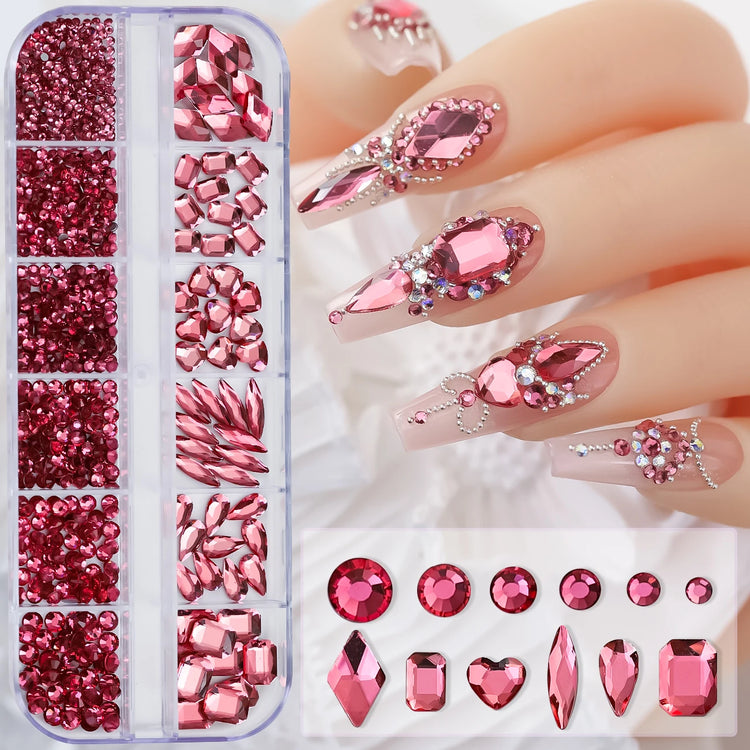 12 Grids Mixed Size Nail Rhinestones SS6 to SS30 Shiny Clear Gold Pink Blue Flat Back Glass Gems for DIY Nail Art Manicure Decoration Supply