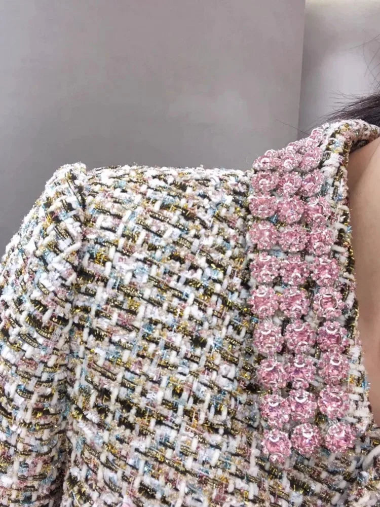 2025 Hot Sale Elegant Female Pink Shiny Diamonds Tweed Jackets Single Breasted Chic Tops Work Lady Slim Fit Coat Casual Blazers