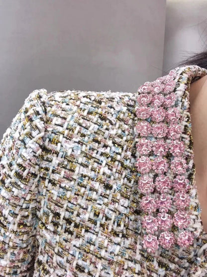 2025 Hot Sale Elegant Female Pink Shiny Diamonds Tweed Jackets Single Breasted Chic Tops Work Lady Slim Fit Coat Casual Blazers