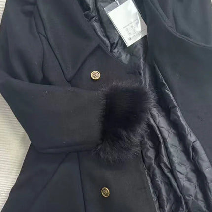 Winter Hepburn Black Fur Collar Woolen Coat French Style Vintage Blends Slim Mid-length Outwear Elegant Lolita Warm Outfits New