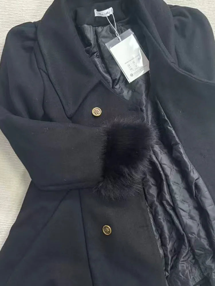 Winter Hepburn Black Fur Collar Woolen Coat French Style Vintage Blends Slim Mid-length Outwear Elegant Lolita Warm Outfits New
