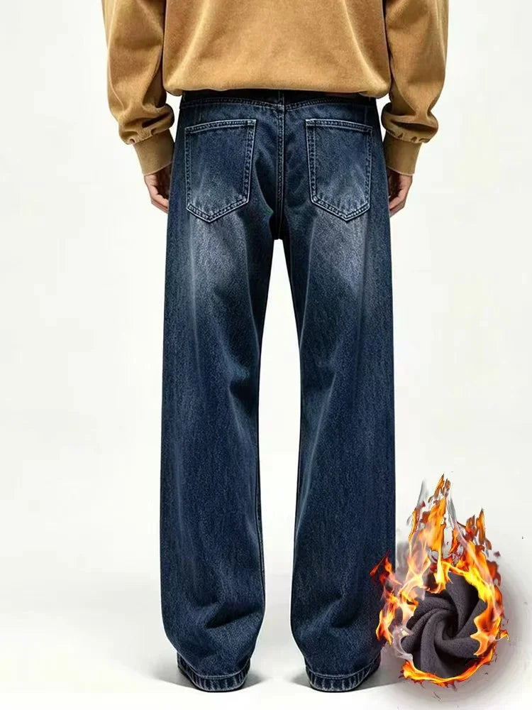 American Retro Jeans Men's 2026 Autumn and Winter with Plush New Trendy Brand High Street Casual Loose Straight Leg Long Pants